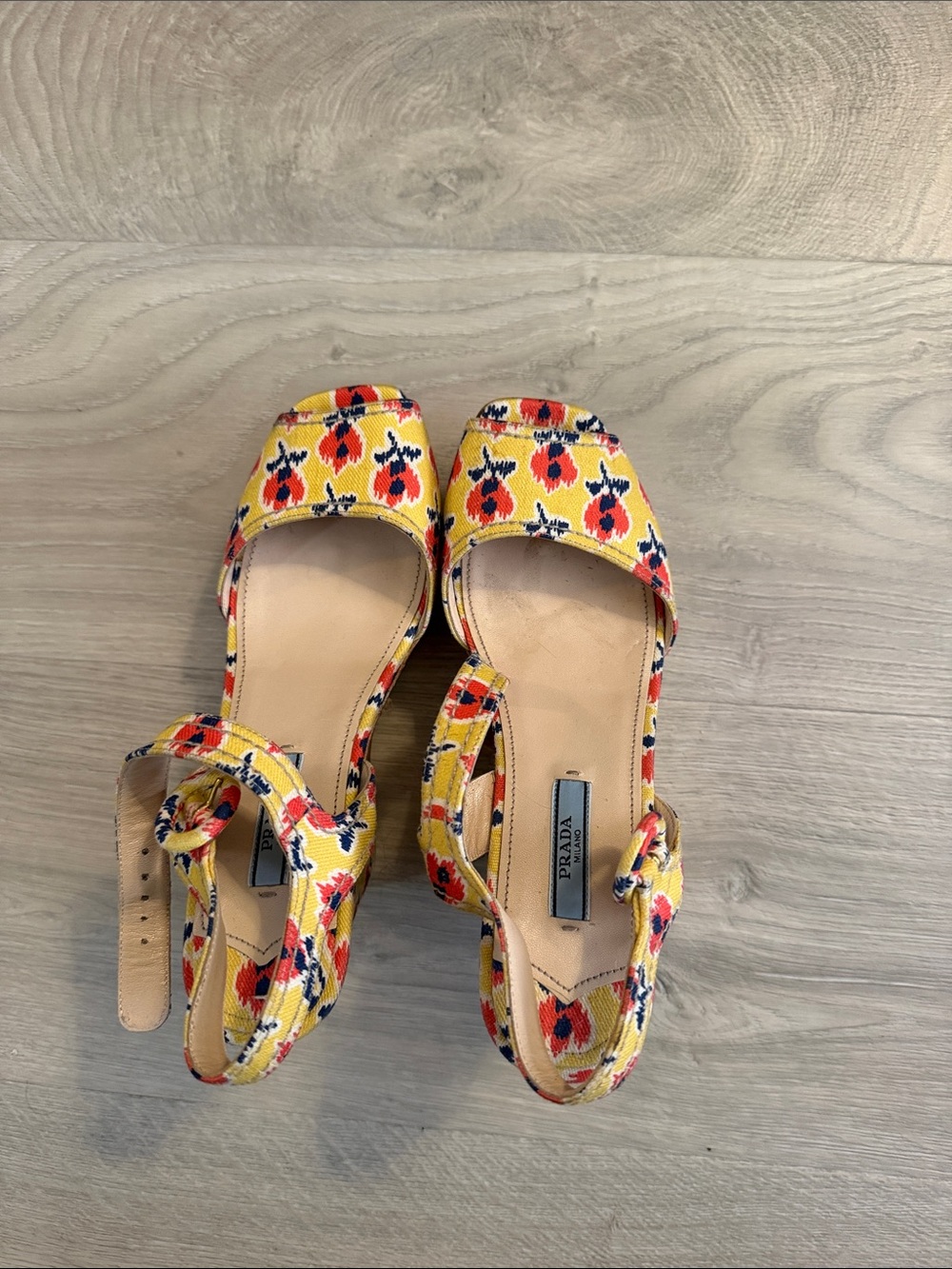 Prada Yellow Floral Ankle-Strap Sandals with Red & Navy Accents